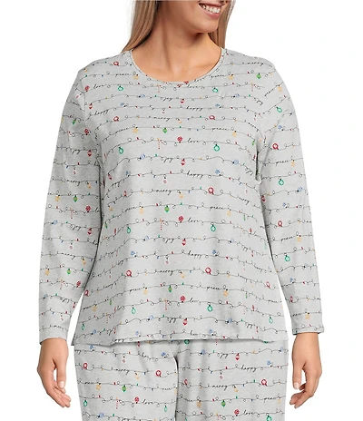 Sleep Sense Plus Size Holiday Lights Print Knit Long Sleeve Crew Neck Coordinating Sleep Top