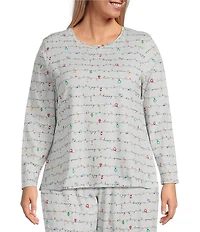 Sleep Sense Plus Size Holiday Lights Print Knit Long Sleeve Crew Neck Coordinating Sleep Top
