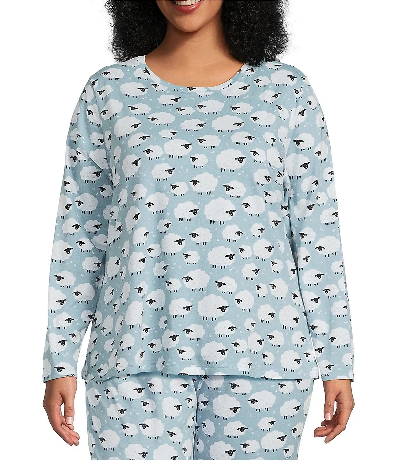Sleep Sense Plus Size Jersey Knit Blue Sheep Print Long Sleeve Scoop Neck Coordinating Sleep Top