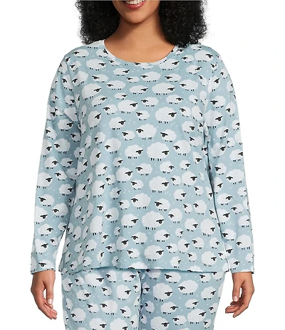 Sleep Sense Plus Size Jersey Knit Blue Sheep Print Long Sleeve Scoop Neck Coordinating Sleep Top