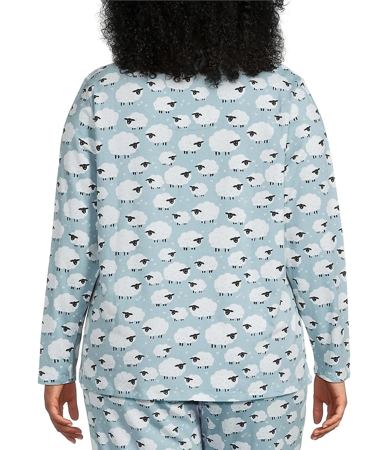 Sleep Sense Plus Size Jersey Knit Blue Sheep Print Long Sleeve Scoop Neck Coordinating Sleep Top