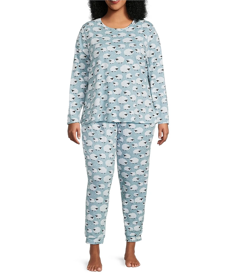 Sleep Sense Plus Size Jersey Knit Blue Sheep Print Long Sleeve Scoop Neck Coordinating Sleep Top
