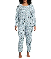 Sleep Sense Plus Size Jersey Knit Blue Sheep Print Long Sleeve Scoop Neck Coordinating Sleep Top