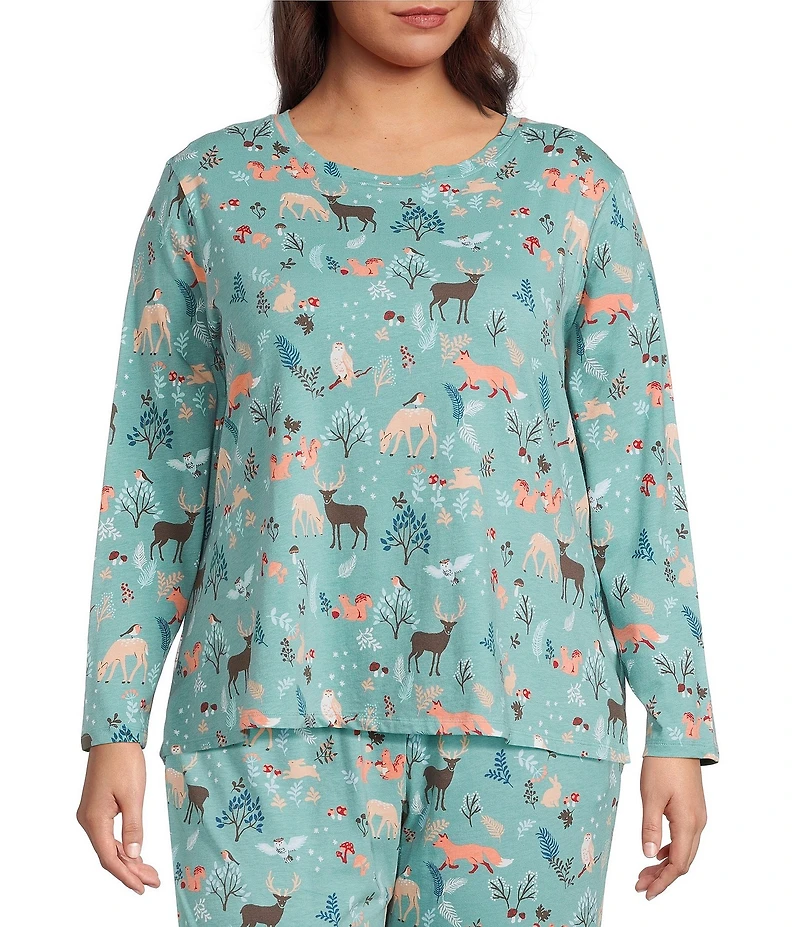 Sleep Sense Plus Size Jersey Knit Fall Woods Long Sleeve Scoop Neck Coordinating Sleep Top