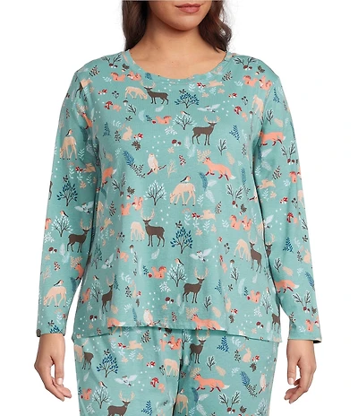 Sleep Sense Plus Size Jersey Knit Fall Woods Long Sleeve Scoop Neck Coordinating Sleep Top