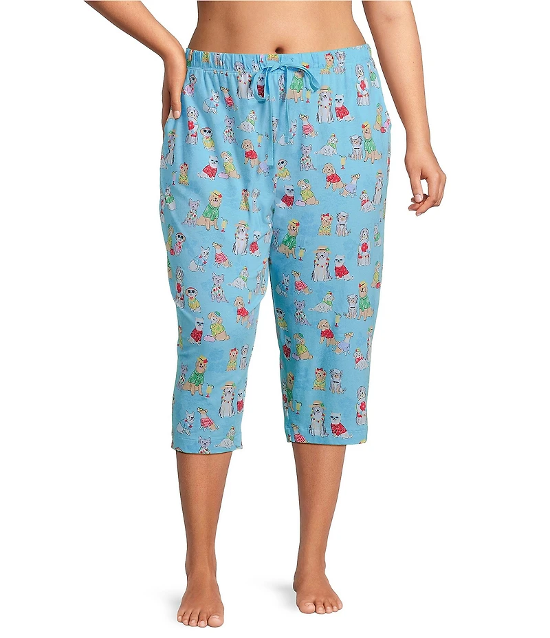 Sleep Sense Plus Size Knit Beach Dogs Print Drawstring Tie Coordinating Sleep Capri Pants