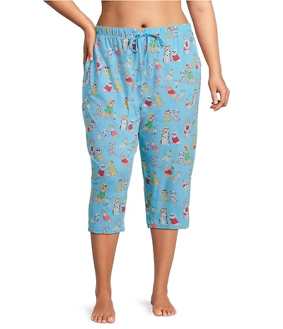 Sleep Sense Plus Size Knit Beach Dogs Print Drawstring Tie Coordinating Sleep Capri Pants