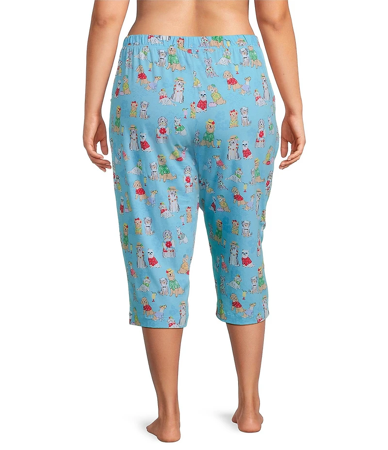 Sleep Sense Plus Size Knit Beach Dogs Print Drawstring Tie Coordinating Sleep Capri Pants