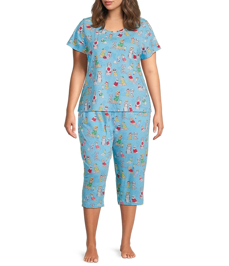 Sleep Sense Plus Size Knit Beach Dogs Print Drawstring Tie Coordinating Sleep Capri Pants
