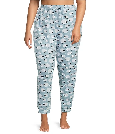 Sleep Sense Plus Size Knit Blue Sheep Print Drawstring Tie Coordinating Sleep Joggers