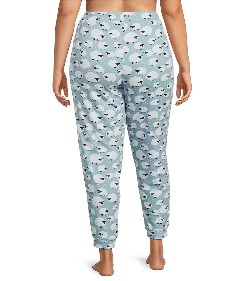 Sleep Sense Plus Size Knit Blue Sheep Print Drawstring Tie Coordinating Sleep Joggers