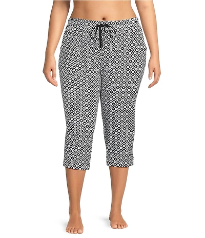 Sleep Sense Plus Size Knit Geo Print Drawstring Tie Coordinating Sleep Capri Pants