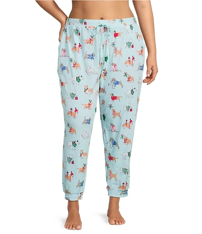 Sleep Sense Plus Size Knit Holiday Dogs Print Drawstring Tie Coordinating Holiday Sleep Joggers