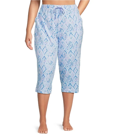 Sleep Sense Plus Size Knit Multi Ikat Print Drawstring Tie Coordinating Sleep Capri Pants