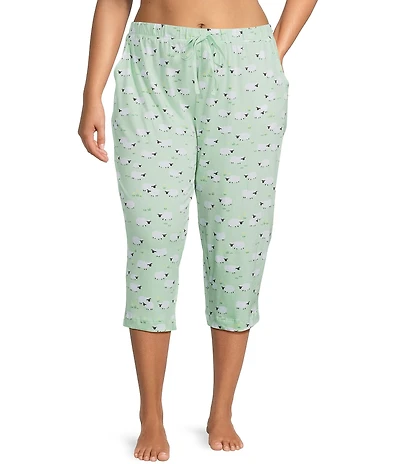 Sleep Sense Plus Size Knit Sheep Print Drawstring Tie Coordinating Sleep Capri Pants