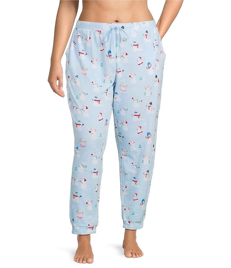 Sleep Sense Plus Size Knit Snowmen Pals Print Drawstring Tie Coordinating Holiday Sleep Jogger