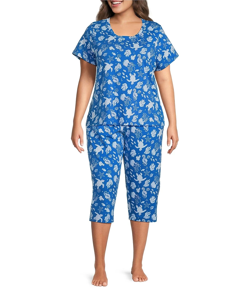 Sleep Sense Plus Size Knit Turtle Print Drawstring Tie Coordinating Sleep Capri Pants