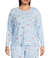 Sleep Sense Plus Size Long Sleeve Crew Neck Knit Snowmen Pals Print Coordinating Sleep Top