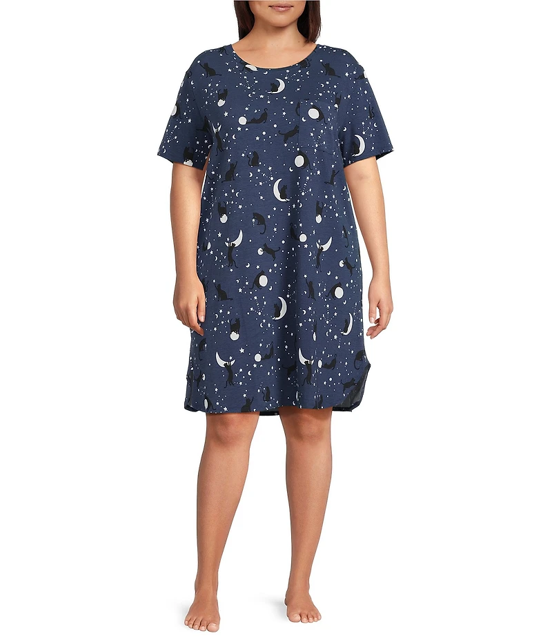 Sleep Sense Plus Size Moonlit Cats Print Short Sleeve Crew Neck Knit Nightshirt