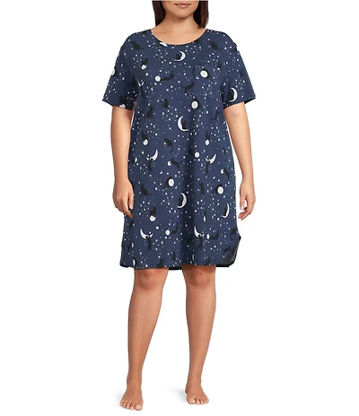Sleep Sense Plus Size Moonlit Cats Print Short Sleeve Crew Neck Knit Nightshirt