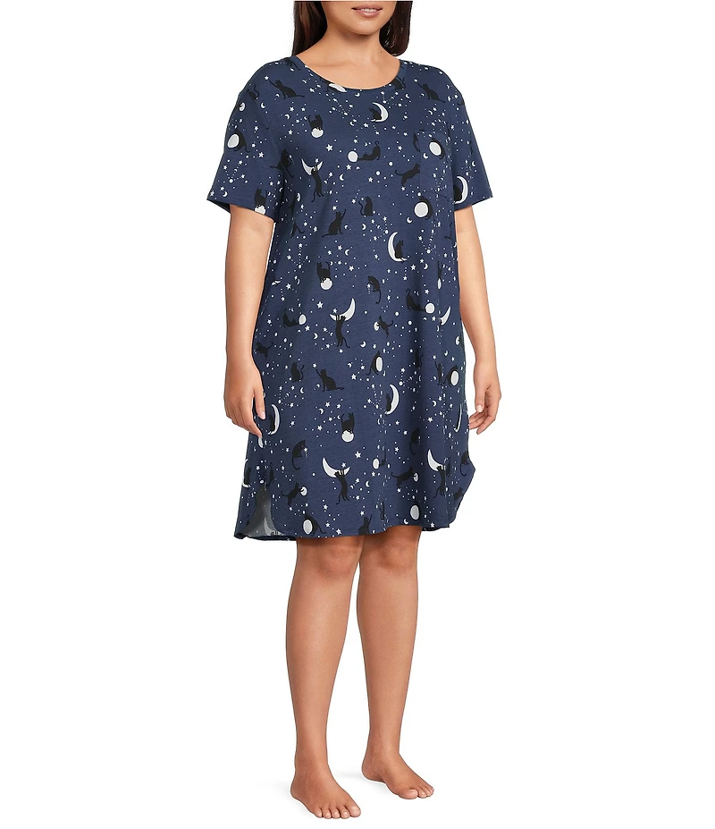 Sleep Sense Plus Size Moonlit Cats Print Short Sleeve Crew Neck Knit Nightshirt