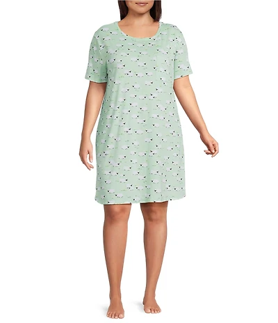 Sleep Sense Plus Size Sheep Print Short Sleeve Crew Neck Knit Nightgown