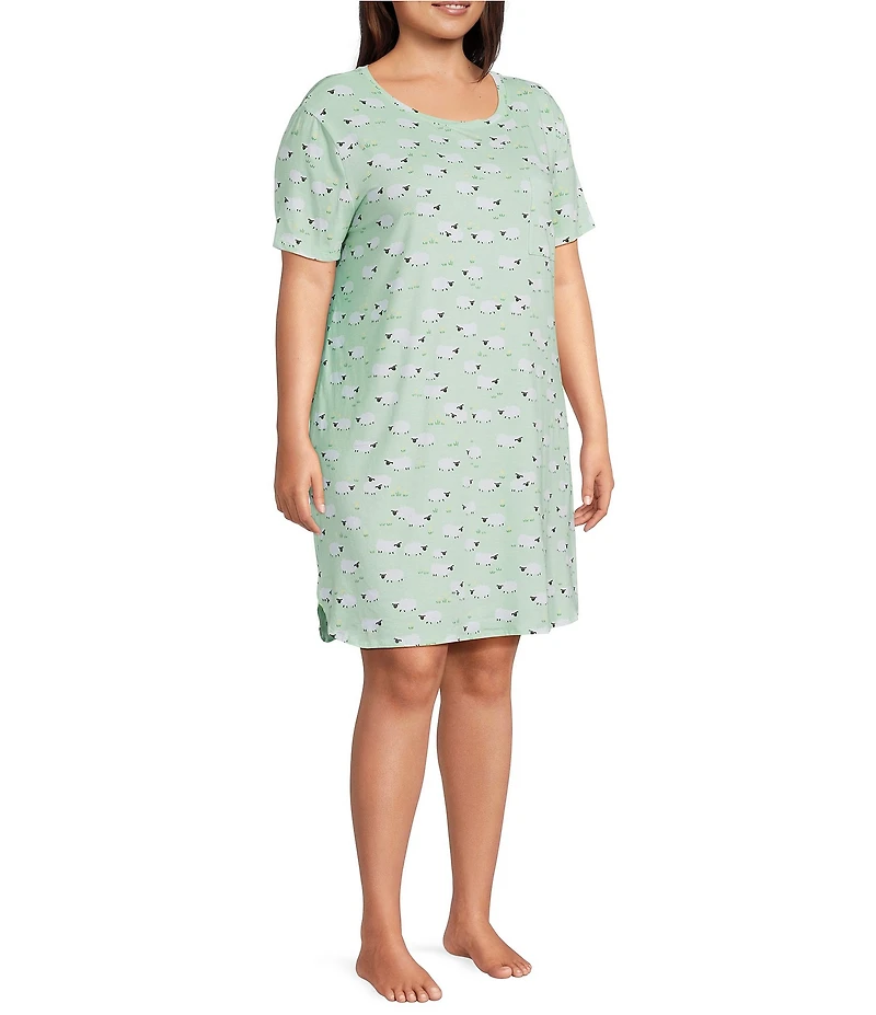 Sleep Sense Plus Size Sheep Print Short Sleeve Crew Neck Knit Nightgown