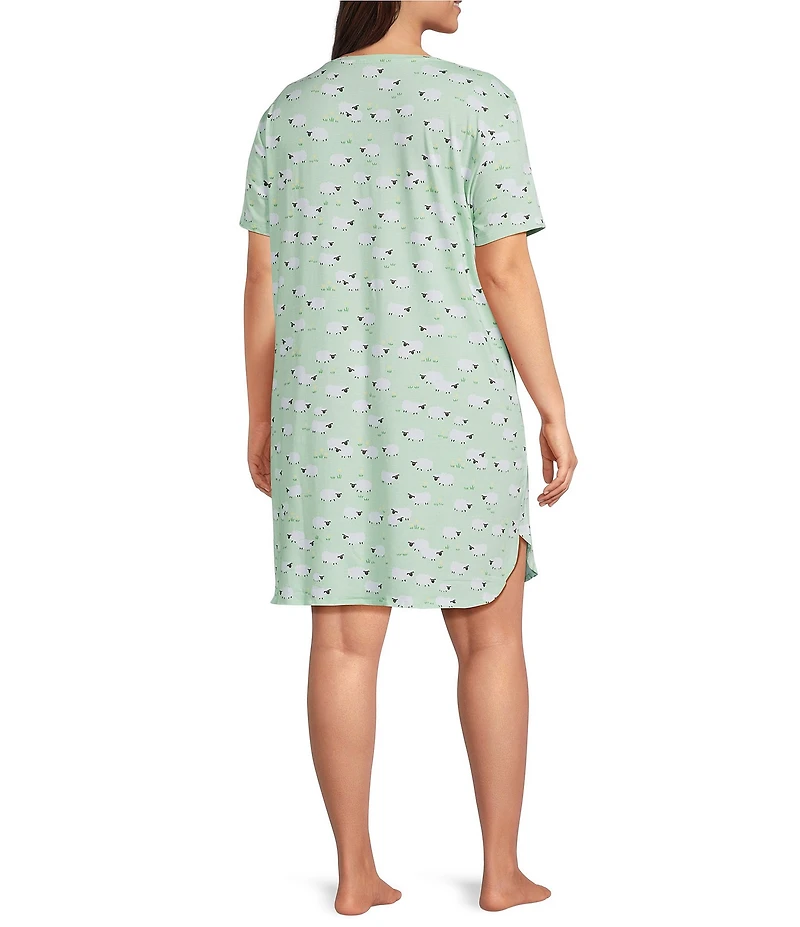 Sleep Sense Plus Size Sheep Print Short Sleeve Crew Neck Knit Nightgown
