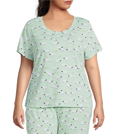 Sleep Sense Plus Size Sheep Print Short Sleeve Scoop Neck Knit Coordinating Sleep Top