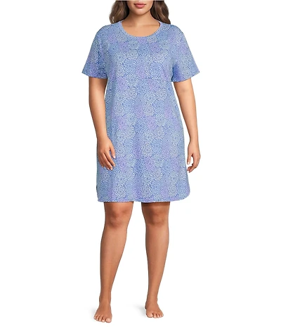 Sleep Sense Plus Size Short Sleeve Crew Neck Spring Mums Print Chest Pocket Knit Nightgown