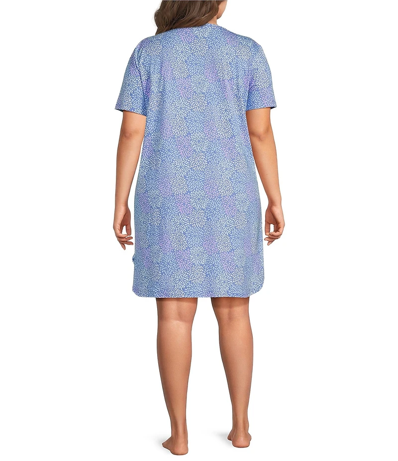 Sleep Sense Plus Size Short Sleeve Crew Neck Spring Mums Print Chest Pocket Knit Nightgown