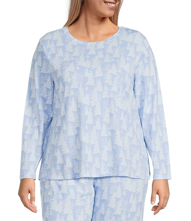Sleep Sense Plus Size Snowy Trees Print Knit Long Sleeve Crew Neck Coordinating Holiday Sleep Top