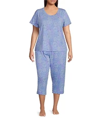 Sleep Sense Plus Size Spring Mums Knit Print Drawstring Tie Coordinating Sleep Capri Pants