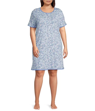 Sleep Sense Plus Size Sweet Paisley Print Short Sleeve Crew Neck Knit Sleep Shirt