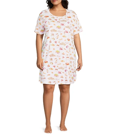Sleep Sense Plus Size Tossed Fall Print Short Sleeve Crew Neck Knit Nightshirt