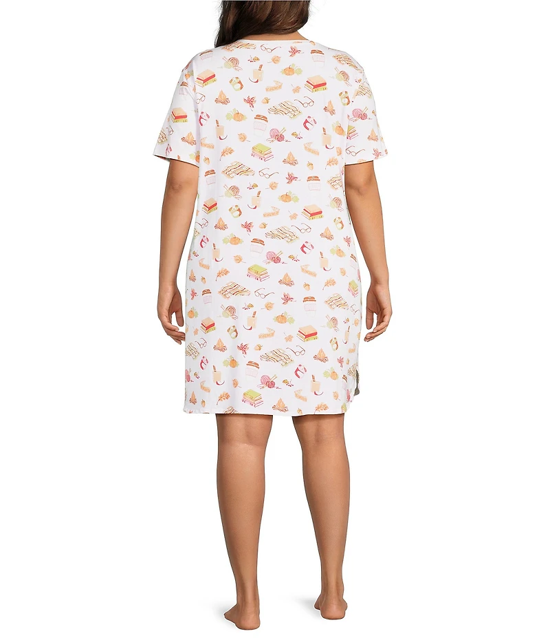 Sleep Sense Plus Size Tossed Fall Print Short Sleeve Crew Neck Knit Nightshirt
