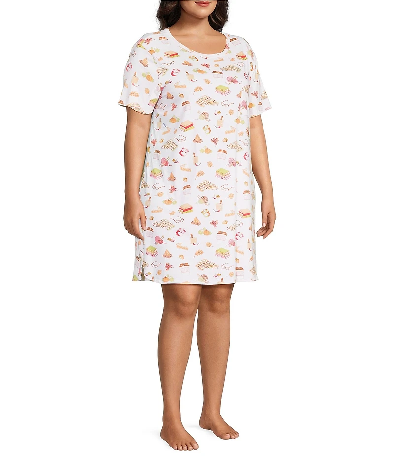 Sleep Sense Plus Size Tossed Fall Print Short Sleeve Crew Neck Knit Nightshirt