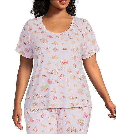 Sleep Sense Plus Size Tossed Fall Print Short Sleeve Scoop Neck Knit Coordinating Sleep Top
