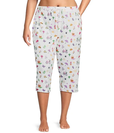 Sleep Sense Plus Size Tossed Spring Knit Print Drawstring Tie Coordinating Sleep Capri Pants