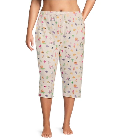 Sleep Sense Plus Size Tossed Spring Knit Print Drawstring Tie Coordinating Sleep Capri Pants