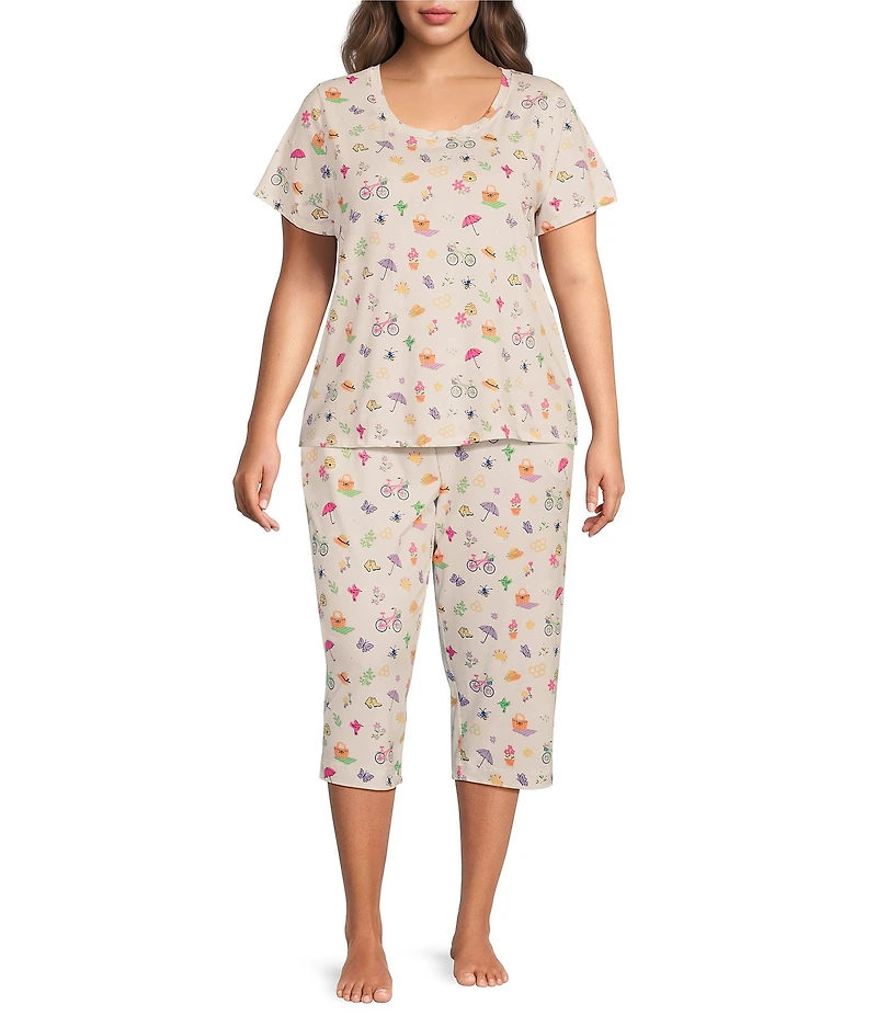 Sleep Sense Plus Size Tossed Spring Knit Print Drawstring Tie Coordinating Sleep Capri Pants