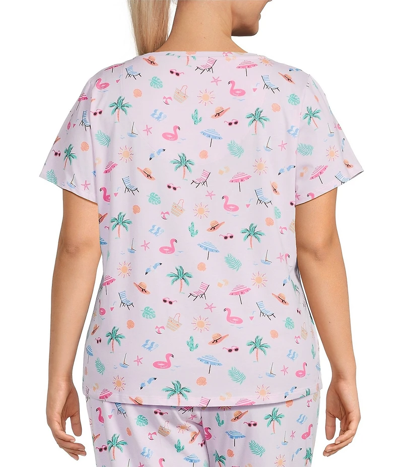 Sleep Sense Plus Size Tossed Vacay Print Short Sleeve Scoop Neck Coordinating Sleep Top