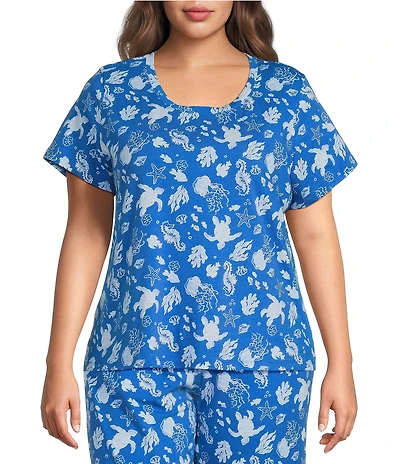 Sleep Sense Plus Size Turtle Print Short Sleeve Scoop Neck Coordinating Sleep Top