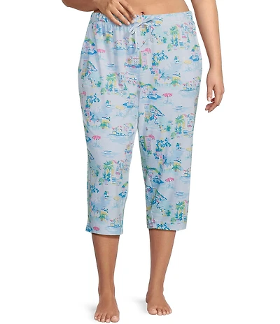 Sleep Sense Plus Size Vacay Toile Knit Print Drawstring Tie Coordinating Sleep Capri Pants