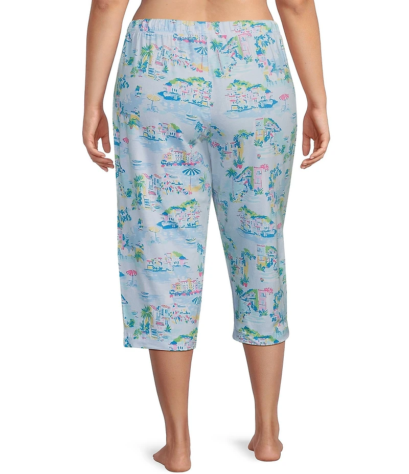 Sleep Sense Plus Size Vacay Toile Knit Print Drawstring Tie Coordinating Sleep Capri Pants