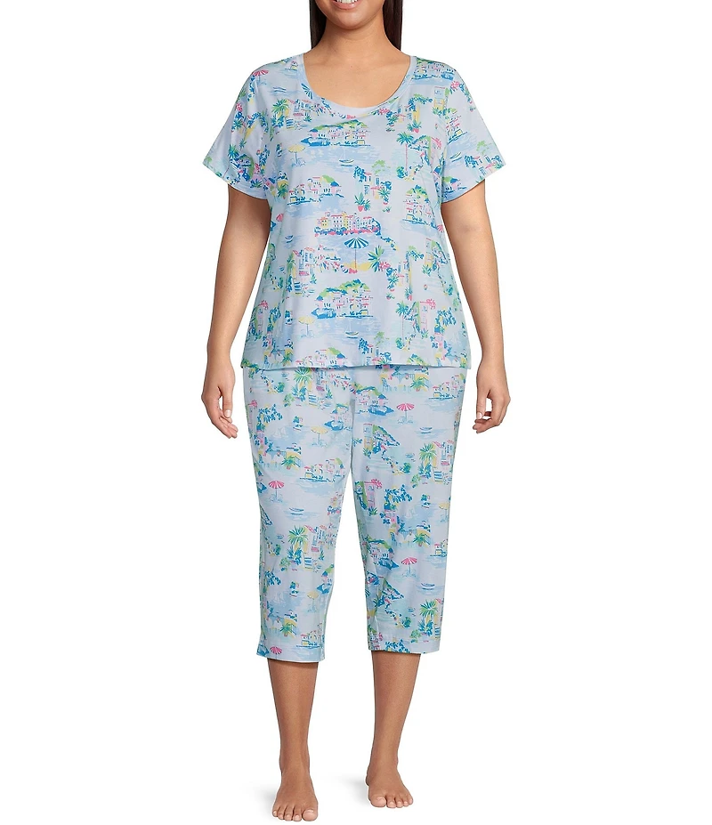 Sleep Sense Plus Size Vacay Toile Knit Print Drawstring Tie Coordinating Sleep Capri Pants