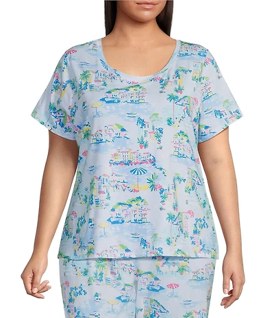 Sleep Sense Plus Size Vacay Toile Print Short Sleeve Scoop Neck Coordinating Sleep Top