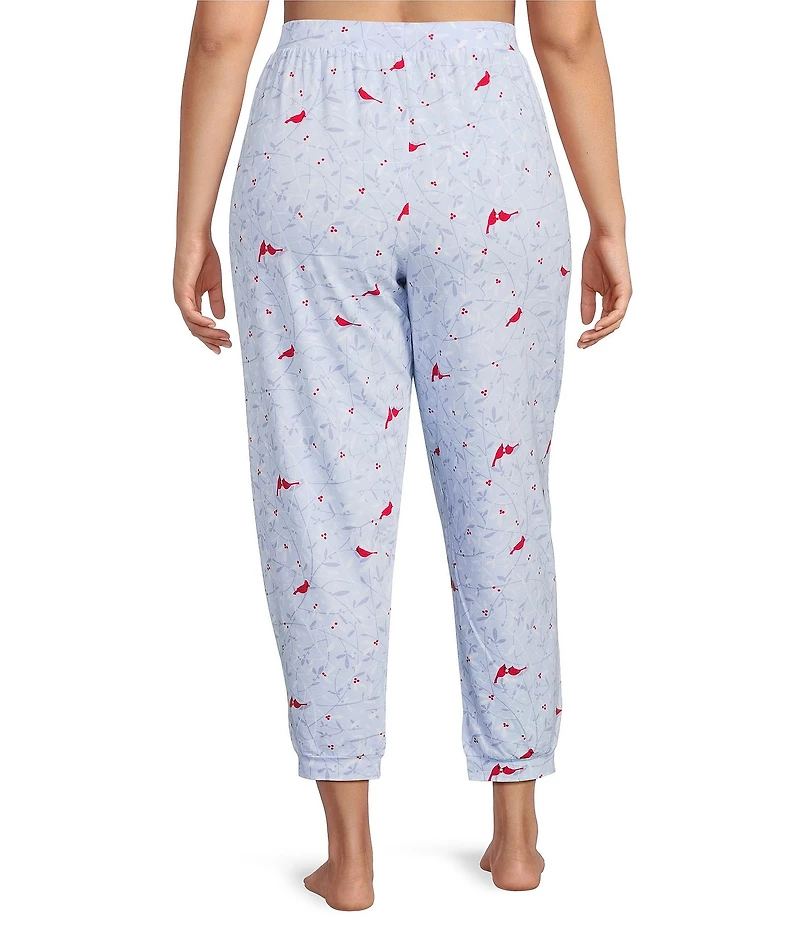 Sleep Sense Plus Size Winter Birds Print Knit Drawstring Tie Coordinating Holiday Sleep Joggers