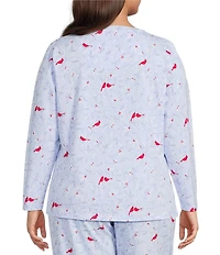 Sleep Sense Plus Size Winter Birds Print Knit Long Sleeve Crew Neck Coordinating Holiday Sleep Top