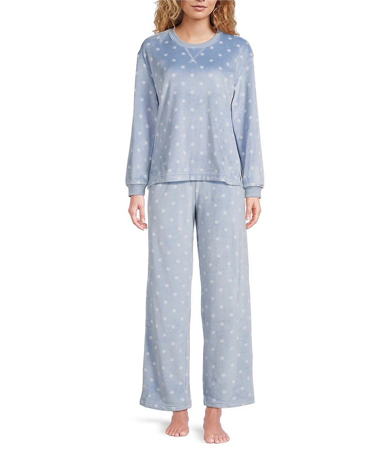 Sleep Sense Polka Dot Print Velour Drawstring Elastic Waist Coordinating Sleep Pants
